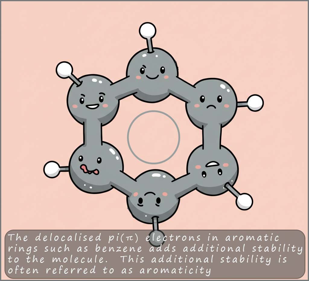 Cartoon style image showing that aromatic molecules are more stable than expected due to resonsnace energy.
